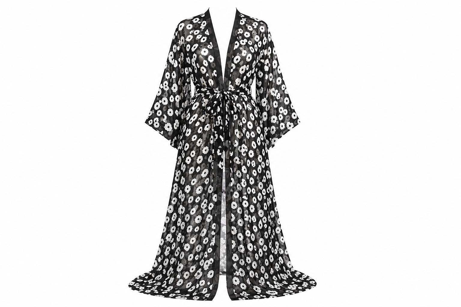 Luxury Floral Chiffon Robe, Sheer Long Kimono Robe, Black Floral ...