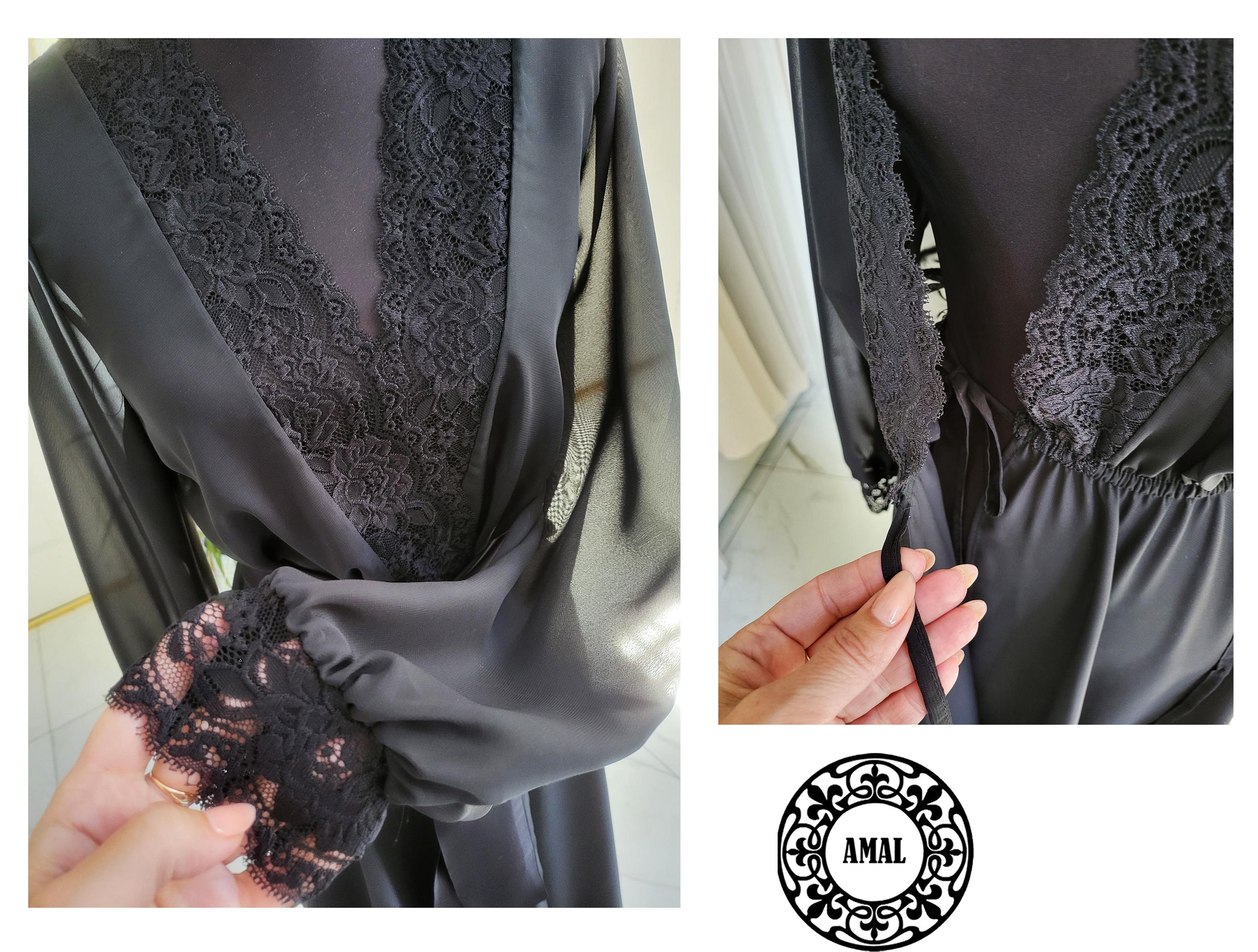 AMAL. Long Sheer Black Chiffon Robe With Lace Trim and Belt, Model 138 ...