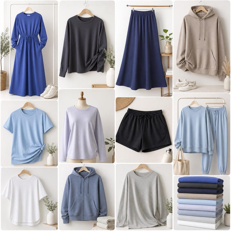 May include: A collection of apparel including a blue long-sleeve dress, a dark gray long-sleeve shirt, a navy maxi skirt, a beige hoodie, a light blue t-shirt, a lavender long-sleeve shirt, black shorts, a light blue sweatshirt and sweatpants, a white t-shirt, a blue zip-up hoodie, a gray long-sleeve shirt, and a stack of folded shirts in various colors.