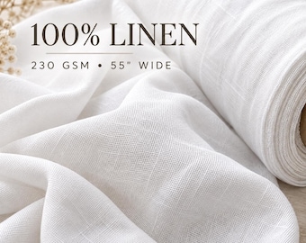 May include: A roll of white linen fabric with a visible woven texture. The text 100% LINEN, 230 GSM, and 55" WIDE is printed on the image. The fabric is draped in soft folds, showcasing the material's natural weave and opaque white color.