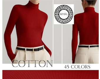 Amal. Ribbed Cotton Turtleneck Top | Fitted Long Sleeve Knit | Minimalist Wardrobe Essential, USA