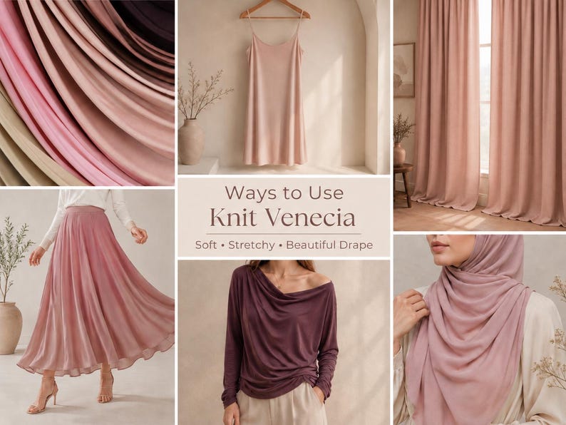 May include: A collage showcasing Knit Venecia fabric in various applications, including a slip dress, floor-length pleated skirt, long-sleeve top, and headscarf, all in shades of dusty rose and mauve, with the text Ways to Use Knit Venecia.