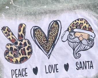 Peace Love Santa Distressed Tee, vintage tees, bleached tees, vintage style, bleached shirts, Leopard Print, Christmas Shirts