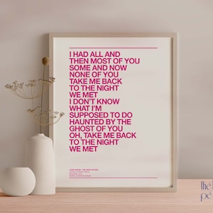 Può includere: Una stampa incorniciata bianca con un testo rosa della canzone "The Night We Met" di Lord Huron. Il testo recita: "I had all and then most of you some and now none of you take me back to the night we met I don't know what I'm supposed to do haunted by the ghost of you oh, take me back to the night we met".