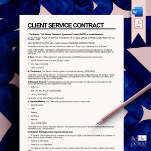 Puede incluir: Un documento en blanco y negro con el título "Contrato de servicio al cliente" que describe los términos de un acuerdo de servicio. El documento incluye secciones para las partes involucradas, el servicio prestado, el monto del pago, el método de pago y la retención.