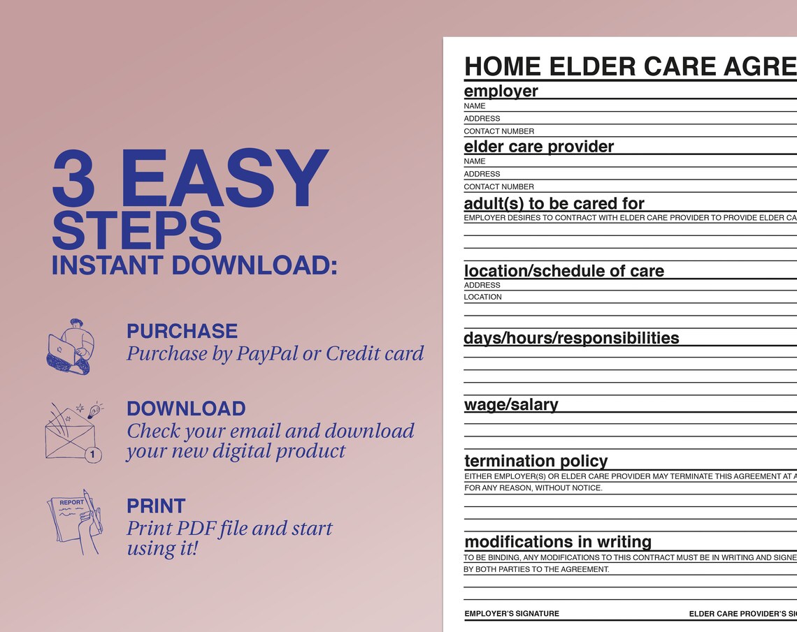 Home Elder Agreement Template, Printable Home Health Care Contract - Etsy