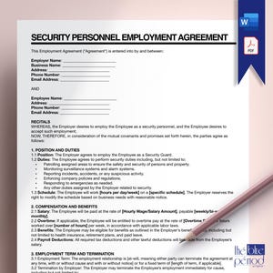 Könnte beinhalten: Ein Arbeitsvertrag für Sicherheitspersonal mit dem Titel "Security Personnel Employment Agreement" oben auf der Seite. Das Formular enthält Abschnitte für die Informationen des Arbeitgebers und des Arbeitnehmers, Position und Aufgaben, Vergütung und Leistungen, Laufzeit des Arbeitsverhältnisses und Beendigung sowie Gehaltsabzüge.