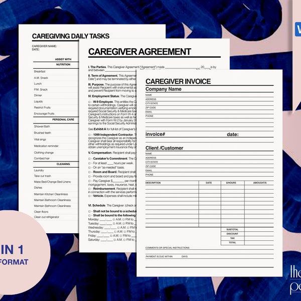 3in 1: Editable Caregiver Contract, Printable Caregiver Invoice, Editable Caregiving Daily Tasks Template