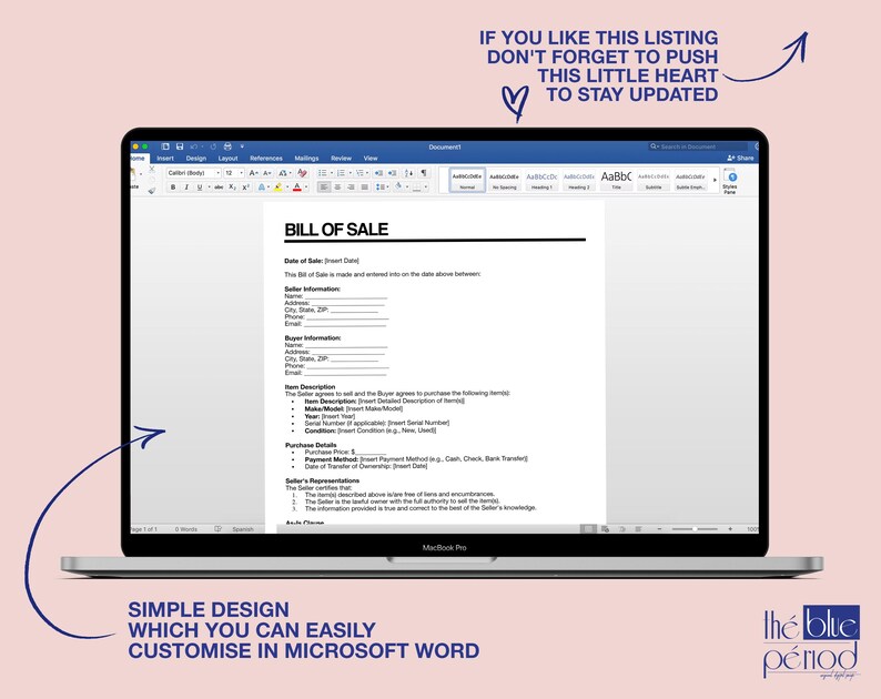 Editable Bill of Sale Template (PDF & Word) - Etsy