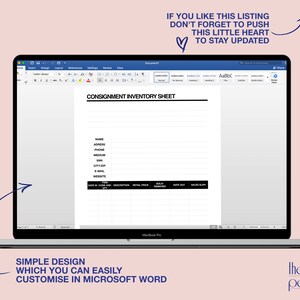 May include: A screenshot of a laptop screen displaying a Microsoft Word document with a consignment inventory sheet template. The template includes fields for name, address, phone, medium, email, website, item description, retail price, sold, date out, and sales slip. The text "CONSIGNMENT INVENTORY SHEET" is at the top of the document.