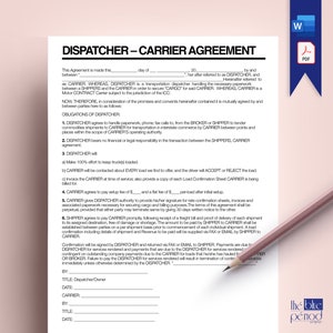 May include: A black and white legal document titled "Dispatcher - Carrier Agreement". The document outlines the responsibilities of a dispatcher and a carrier in the transportation industry. It includes sections on obligations of the dispatcher, carrier, and shipper.