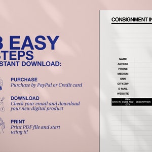 May include: A printable consignment inventory tracker with sections for name, address, phone, medium, SNN, city/zip, email, website, date in, code and quantity, description, and retail price.