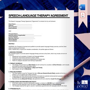 May include: A black and white document with the title "Speech-Language Therapy Agreement". The document outlines the terms and conditions for speech-language therapy services.