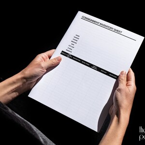 May include: A blank consignment inventory sheet with columns for name, address, phone, email, website, item number, description, retail price, sold, received, date out, sales slip, and sales tax.