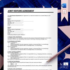May include: A black and white legal document titled "Joint Venture Agreement". The document outlines the terms of a joint venture agreement, including the purpose of the venture, contributions and capital, roles and responsibilities, profit and loss sharing, and duration of the joint venture.