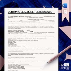 May include: A Spanish-language trailer rental agreement, titled "CONTRATO DE ALQUILER DE REMOLQUE," is displayed on a white document. A pencil rests on the pink surface. The document includes fields for details like the renter, owner, and terms.