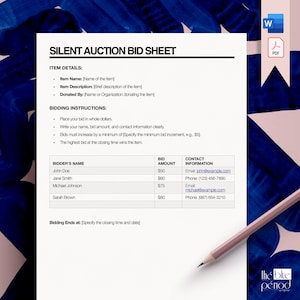 Editable Silent Auction Bid Sheet