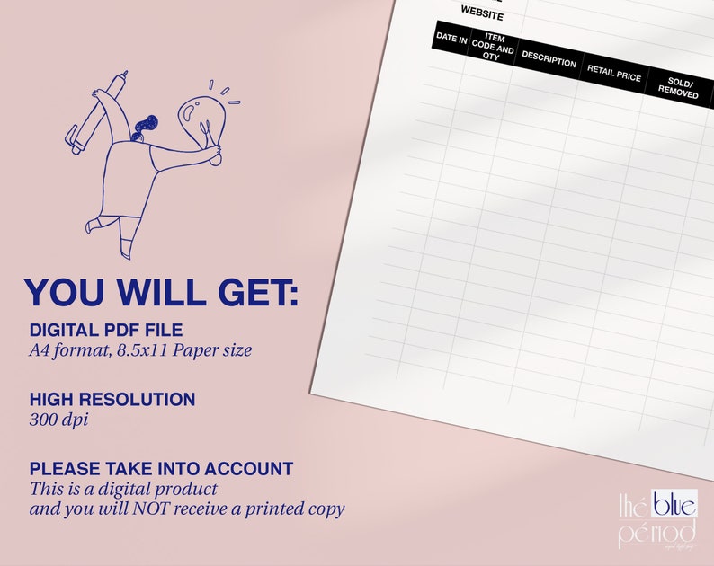 May include: A digital printable planner template for website inventory tracking. The template includes columns for date, item code and quantity, description, retail price, sold, and removed. The template is designed for use with a digital PDF file in A4 format, 8.5x11 inches, and 300 dpi resolution.