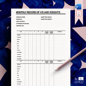 May include: A printable monthly record sheet for tracking vital signs and weights. The sheet includes sections for patient name, room number, date of birth, attending physician, hospital number, year, temperature, pulse, respirations, blood pressure, weight, doctor initials, dietary initials, and comments.