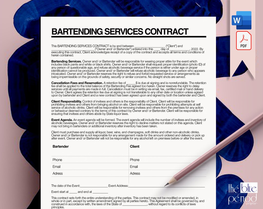 Editable Bartending Services Contract Etsy