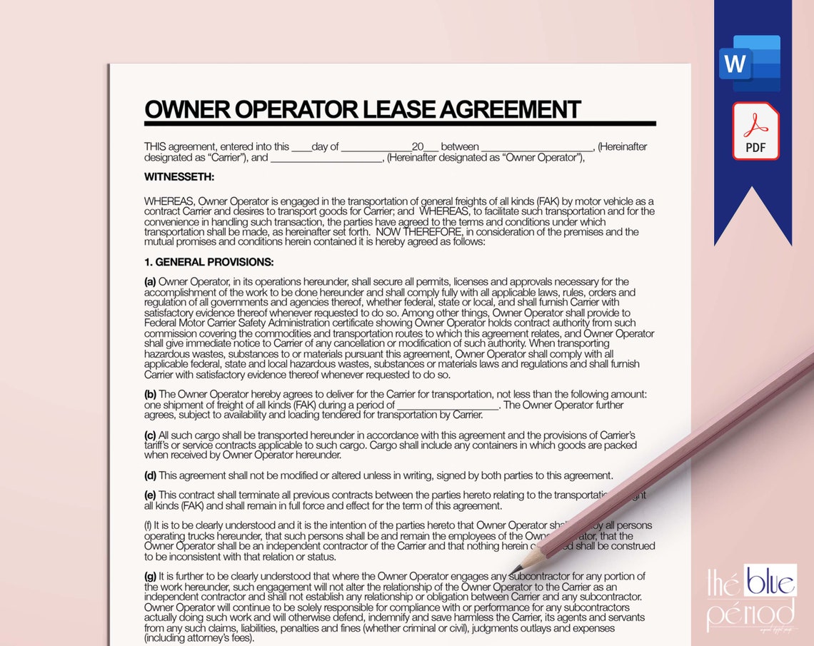 Editable Owner Operator Lease Agreement Etsy