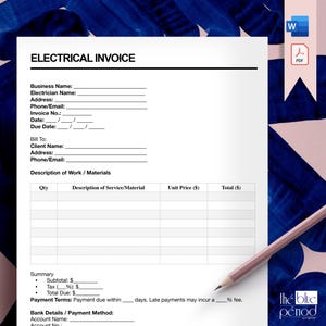 May include: A blank electrical invoice template with fields for business and client information, work description, and payment details. The document includes a summary section for subtotal, tax, and total due. A pencil and document icons are visible.