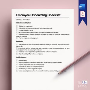 May include: A checklist for onboarding new employees. The checklist includes sections for job duties and obligations, socialization, and work environment. The checklist is printed on white paper with a pink background.