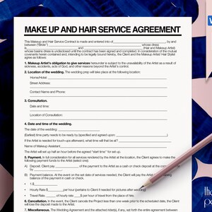 Puede incluir: Un documento en blanco y negro con el título "Make Up and Hair Service Agreement". El documento es un contrato entre una novia y una artista de maquillaje y peluquería. El documento incluye detalles sobre la ubicación de la boda, la fecha y la hora de la boda, la consulta y las condiciones de pago.