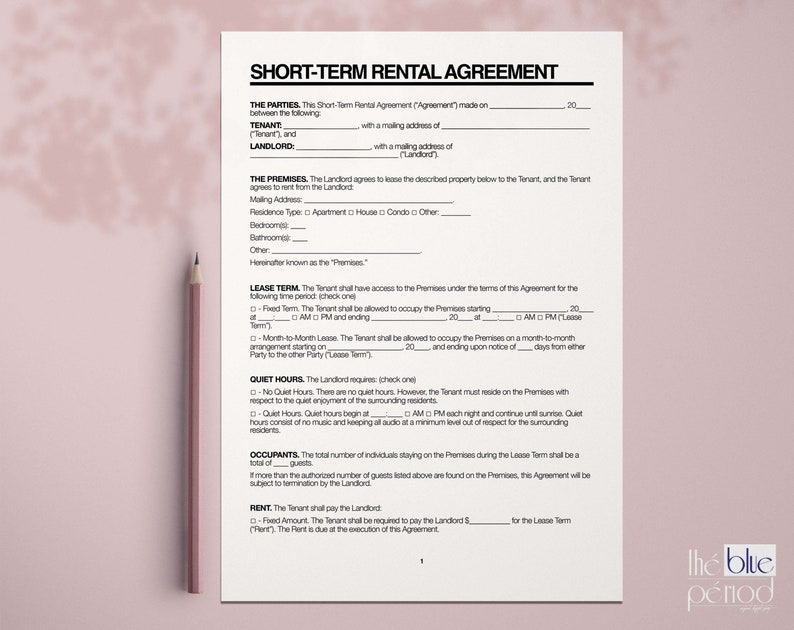 Printable Short Term Rental Agreement - Etsy