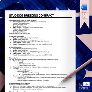 May include: A printed Stud Dog Breeding Contract on white paper, with sections for Stud Dog and Bitch information, breeding terms, and owner responsibilities. A pencil rests on the document, with a blue and pink background.