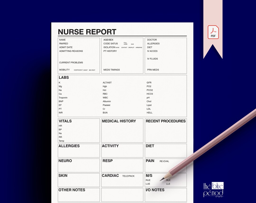 Printable Nurse Report Sheet Etsy