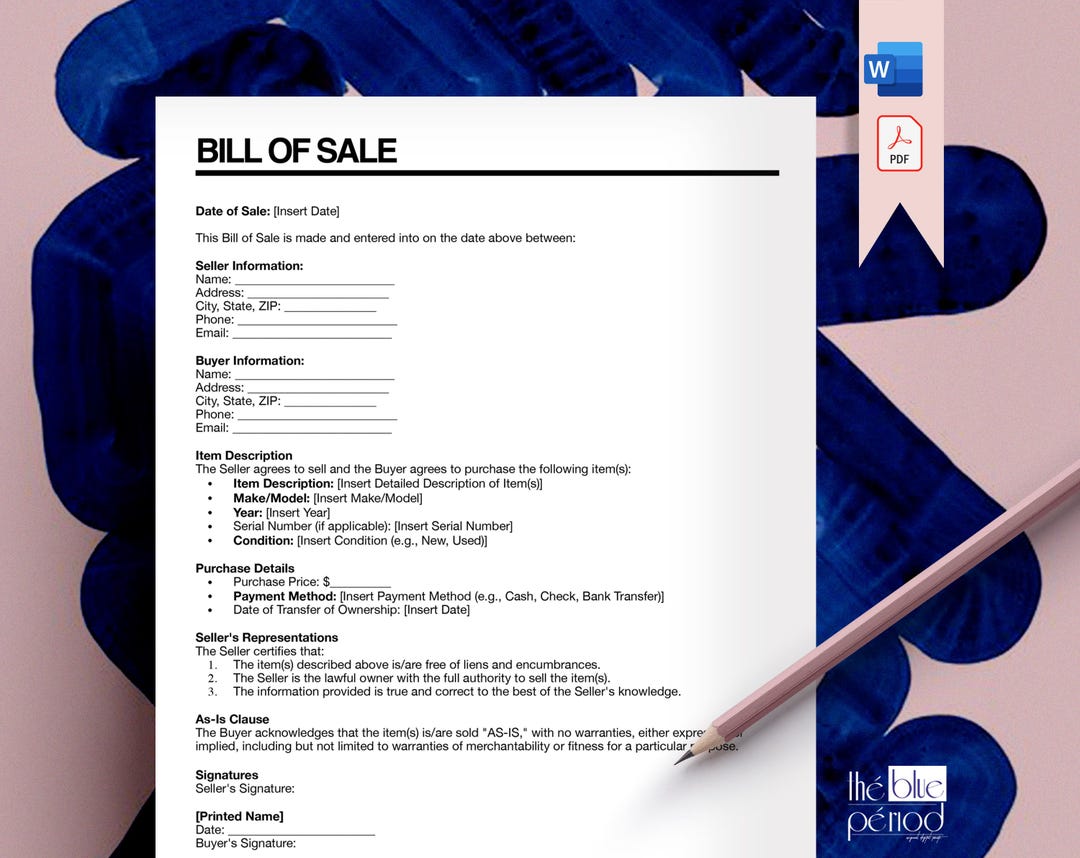 Editable Bill of Sale Template (PDF & Word) - Etsy
