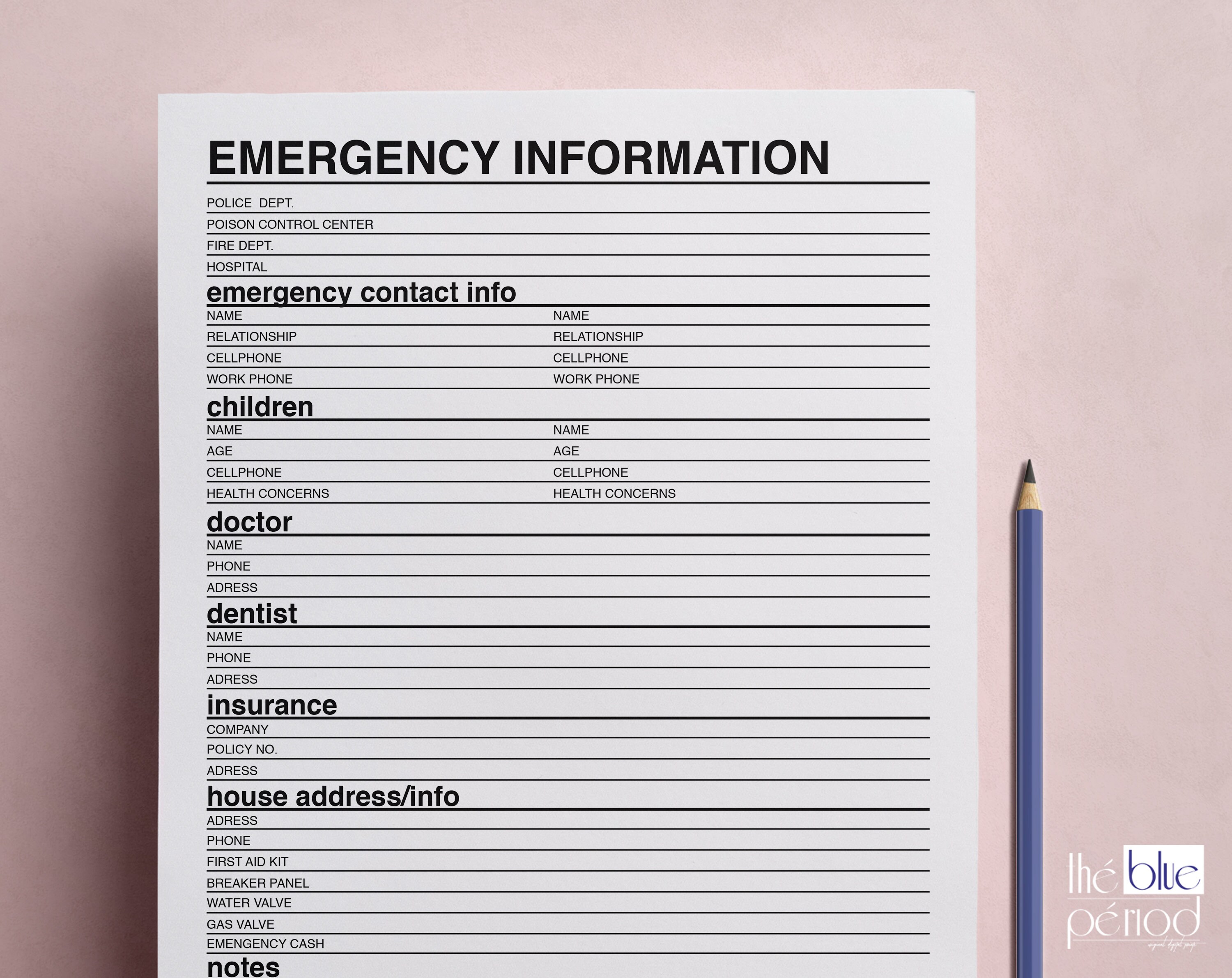 printable emergency contact information form etsy