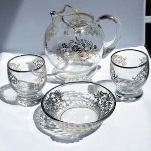 Silver overlay on water jug, 2 glasses and a snack dish, vintage