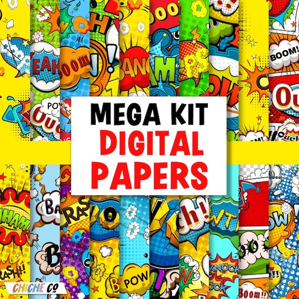Kit Comic Superhero Digital Papers Scrapbook Instant Download Ready Use Paper Craft Background Bubbles Pop Art Speech POW BOOM BANG
