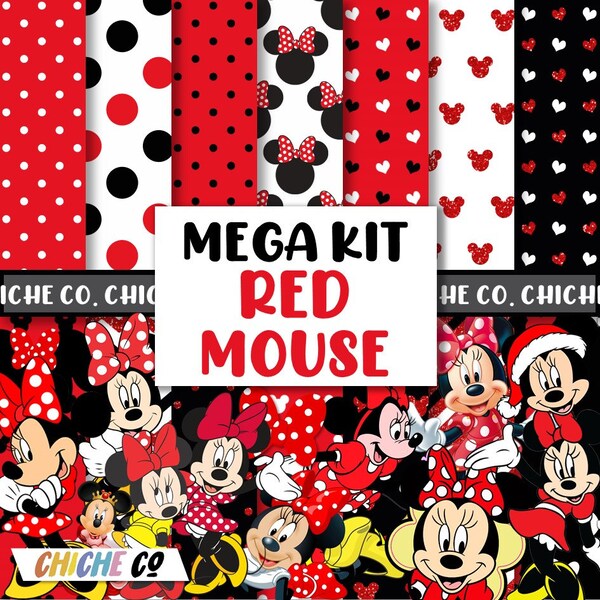 Digital Papers Minnie Mouse Red Clipart PNG Minnie Mouse Ears Red Black Glitter Bow Birthday Themed Party Girl Glam Red Dress Mouse