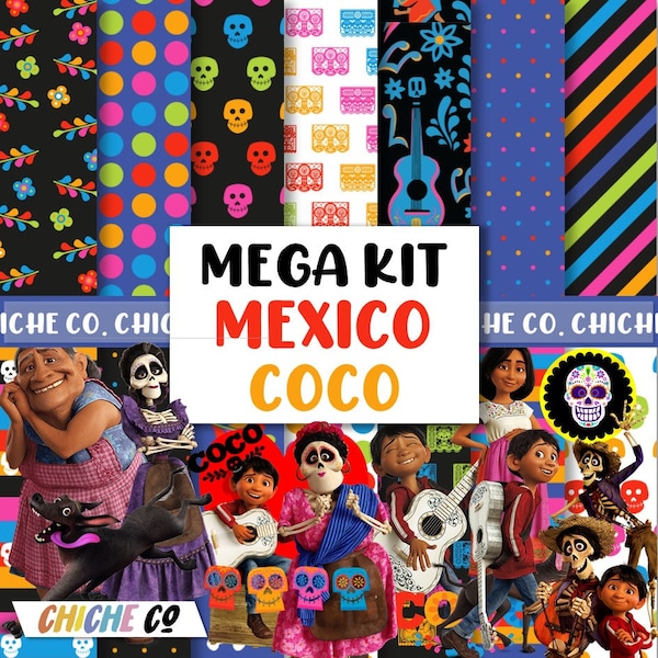 Digital Papers Coco Clipart PNG México Mexican Celebration Birthday Party Day of the Dead Background Invitation Birthday Party Fiesta Color
