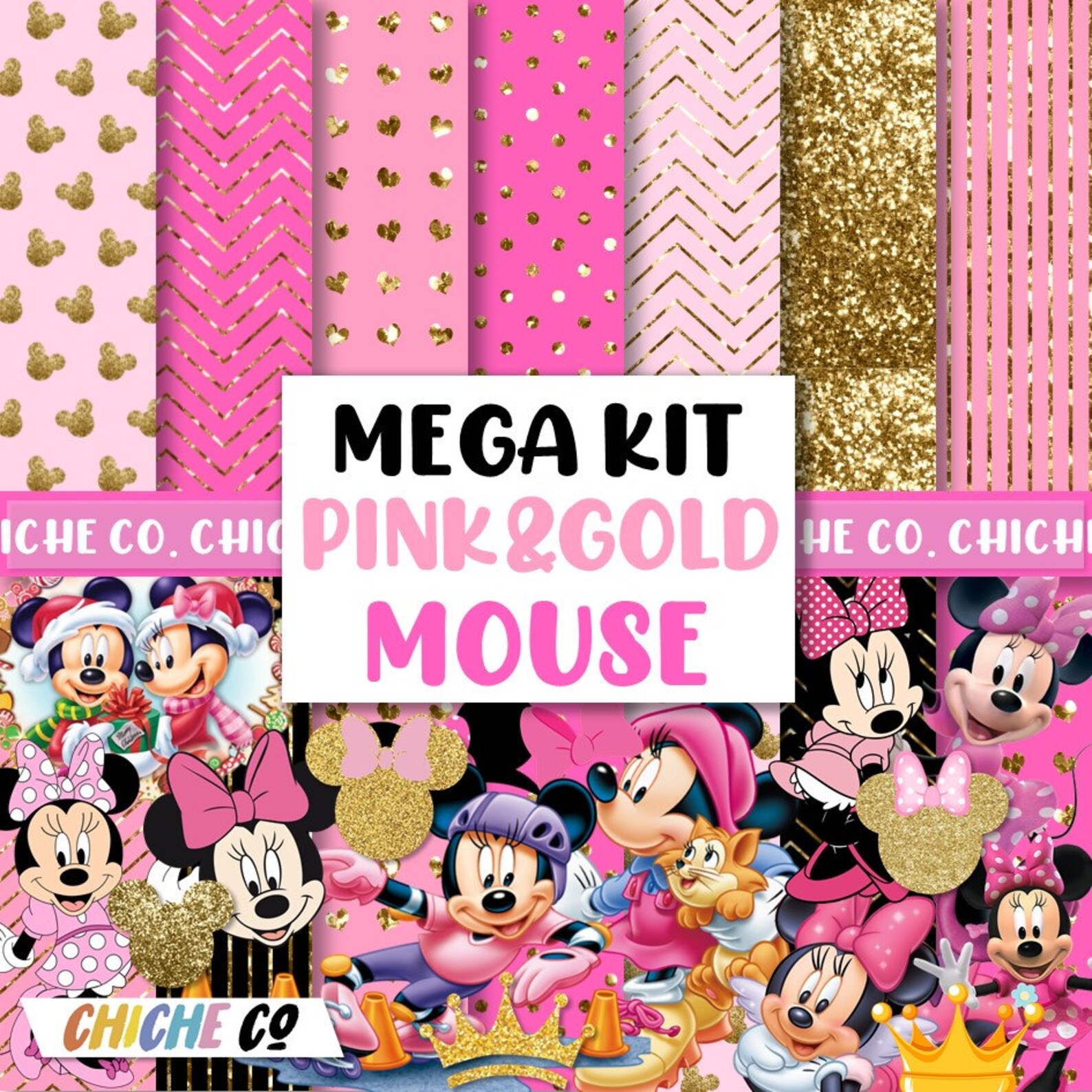 Digital Papers Pink Gold Glitter Minnie Mouse Clipart PNG Etsy