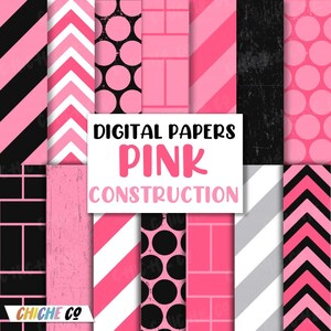 Digital Papers Pink Construction Scrapbook Instant Download Background Glam Pink Brick Birthday Party Girls Black Construction Zone