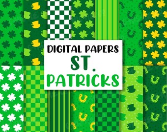 Digital Papers St. Patricks Irish Green Background Lucky Clover Birthday Horseshoe Ireland Irish Leprechaun Hat Instant Download