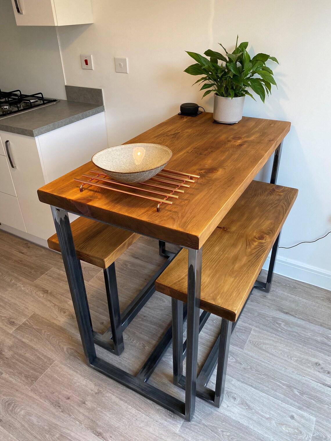 Small Wood Kitchen Table with Benches Solid Wood Industrial Etsy
