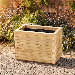 May include: A rectangular wooden planter box with a black liner. The planter is made of natural wood and has a rustic look.