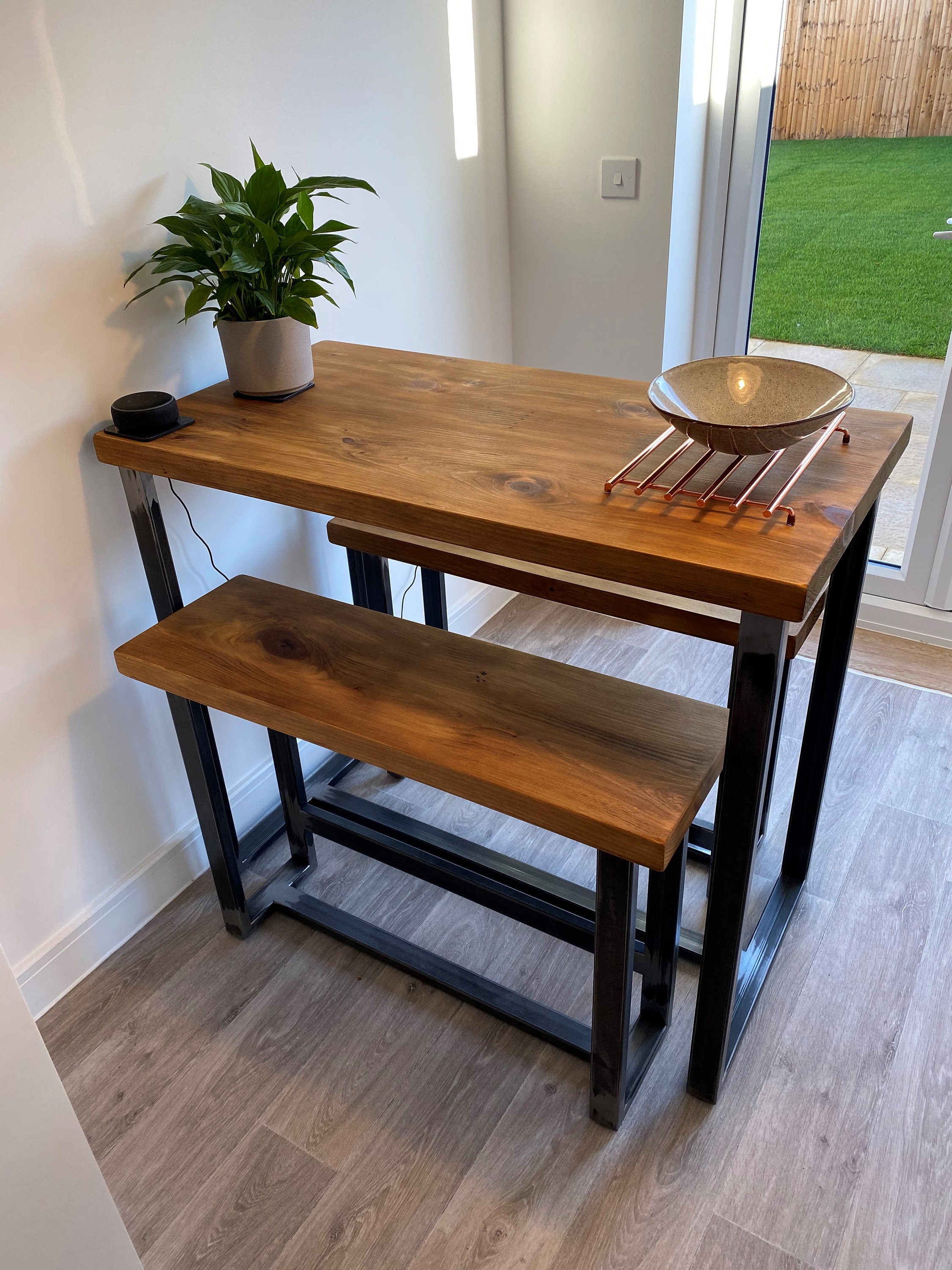 Small Wood Kitchen Table with Benches Solid Wood Industrial | Etsy