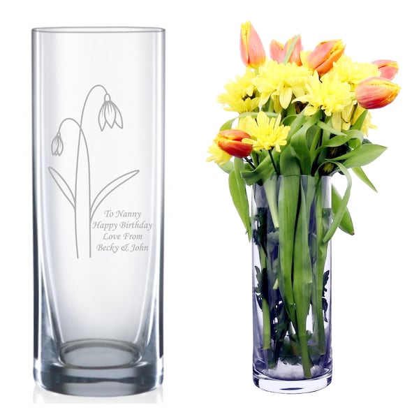 Personalised Engraved Vase with Birth Flower Designs Jan- Dec January birthday, February Birthday,  2 different flowers a month