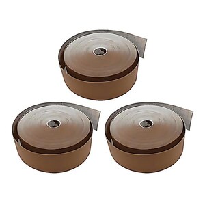 May include: Three rolls of brown tape with a silver backing. The tape is rolled up and ready to be used.