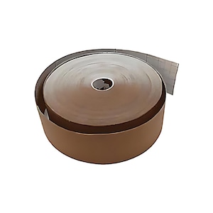 May include: A roll of brown paper tape with a white core. The tape is rolled up and secured with a white paper band.