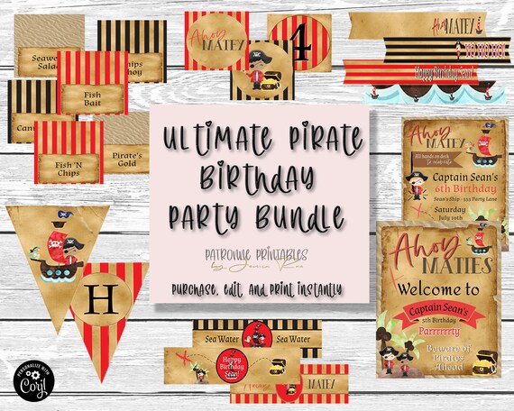 Pirate Birthday Invitation Bundle | Printable Banner | Cake Topper |Thank You Favor Tags |Welcome Sign| Table Signs |Water Bottle Labels BA2 Il_570xn