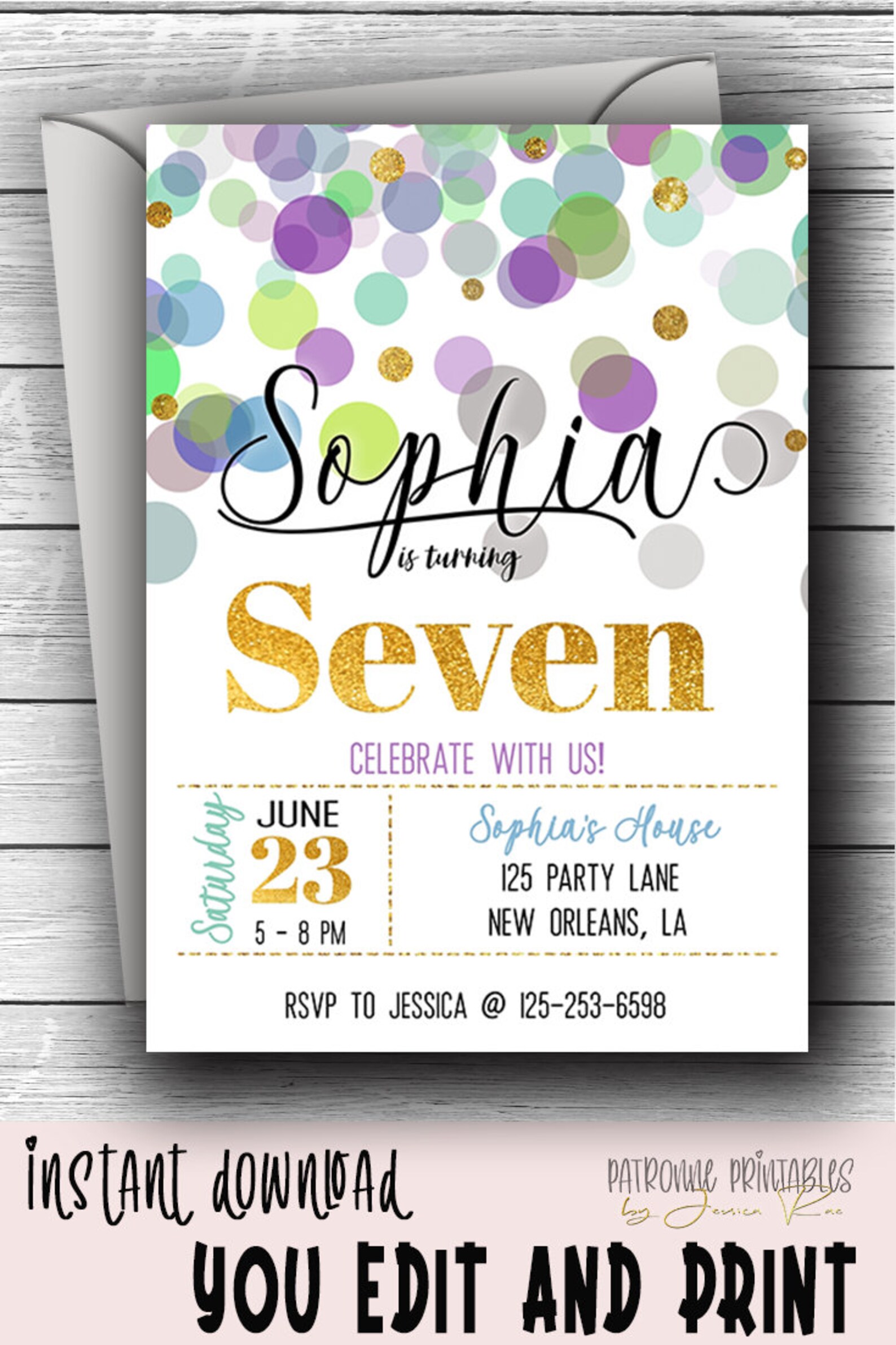 7th Birthday Party Invitation Polka Dot Girl Glitter Invite Etsy