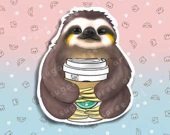 Coffee Sloth Sticker | Cute Sloth with Coffee | Waterproof Vinyl Sticker for Sloth People and Coffee People | Need Coffee, Love Sloths