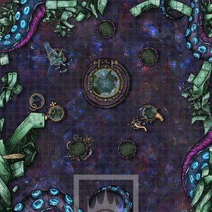 May include: A fantasy map with a dark purple and blue background, featuring a grid pattern. The map includes circular porthole-like designs, tentacles, and green crystalline structures. The overall theme suggests a nautical or underwater setting.